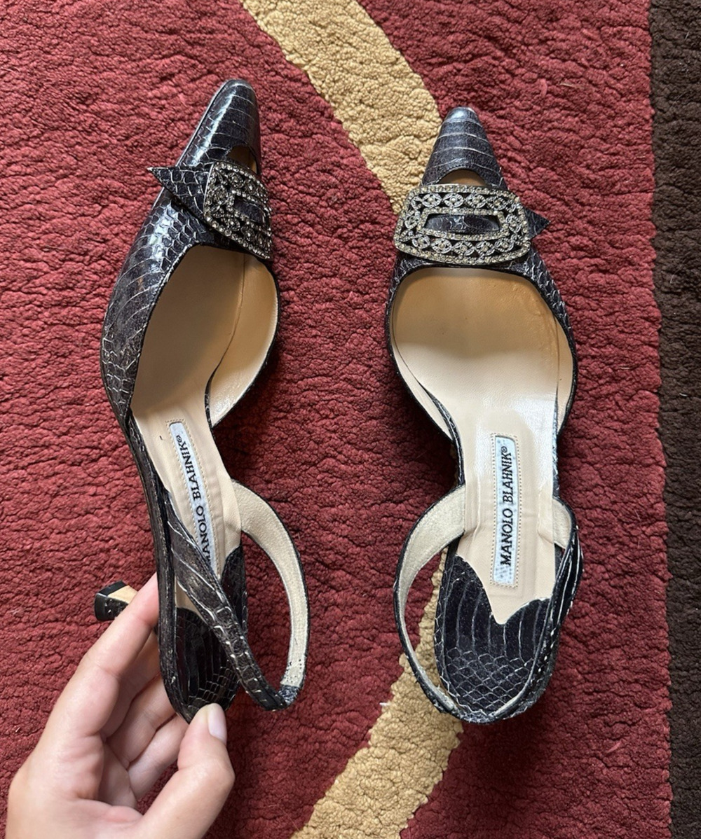 Vintage Manolo Blahnik Black Snakeskin Slingback Heels Rhinestone EU 37.5